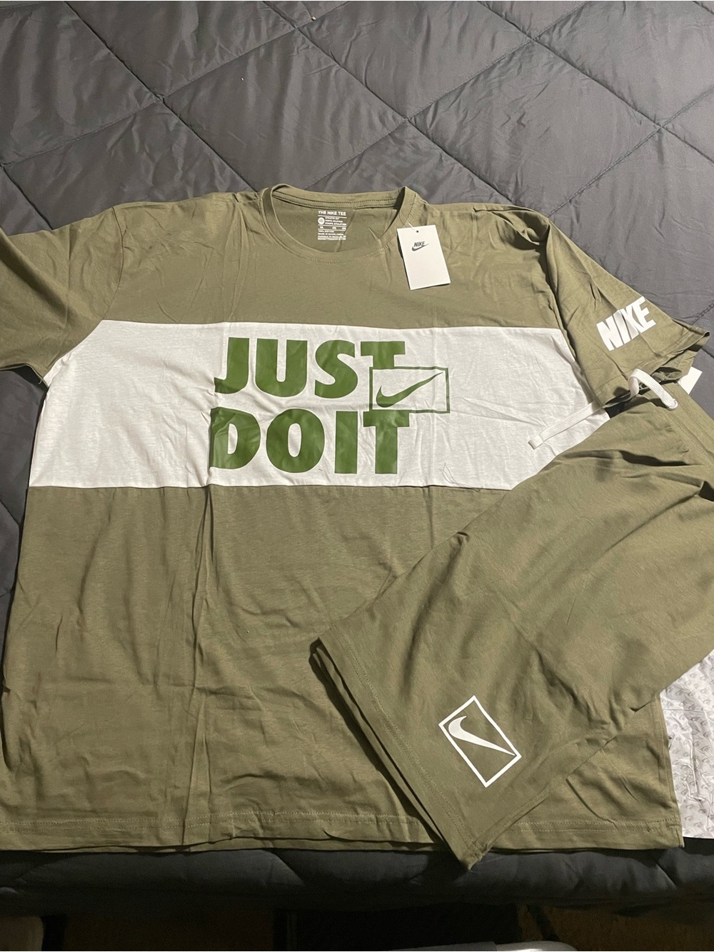 Nike Olive Green and White 'Just Do It' Short Sleeve Tee